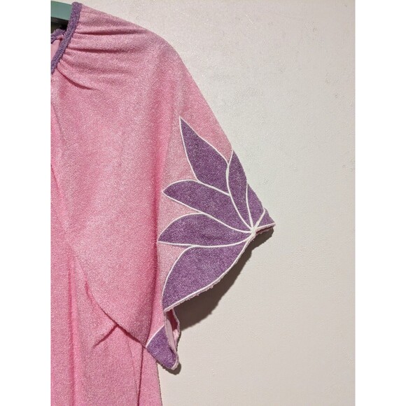 Vintage Terry Housecoat Lounger Robe Snap Front with Tie Neck 70s Pink Purple M - Picture 3 of 4